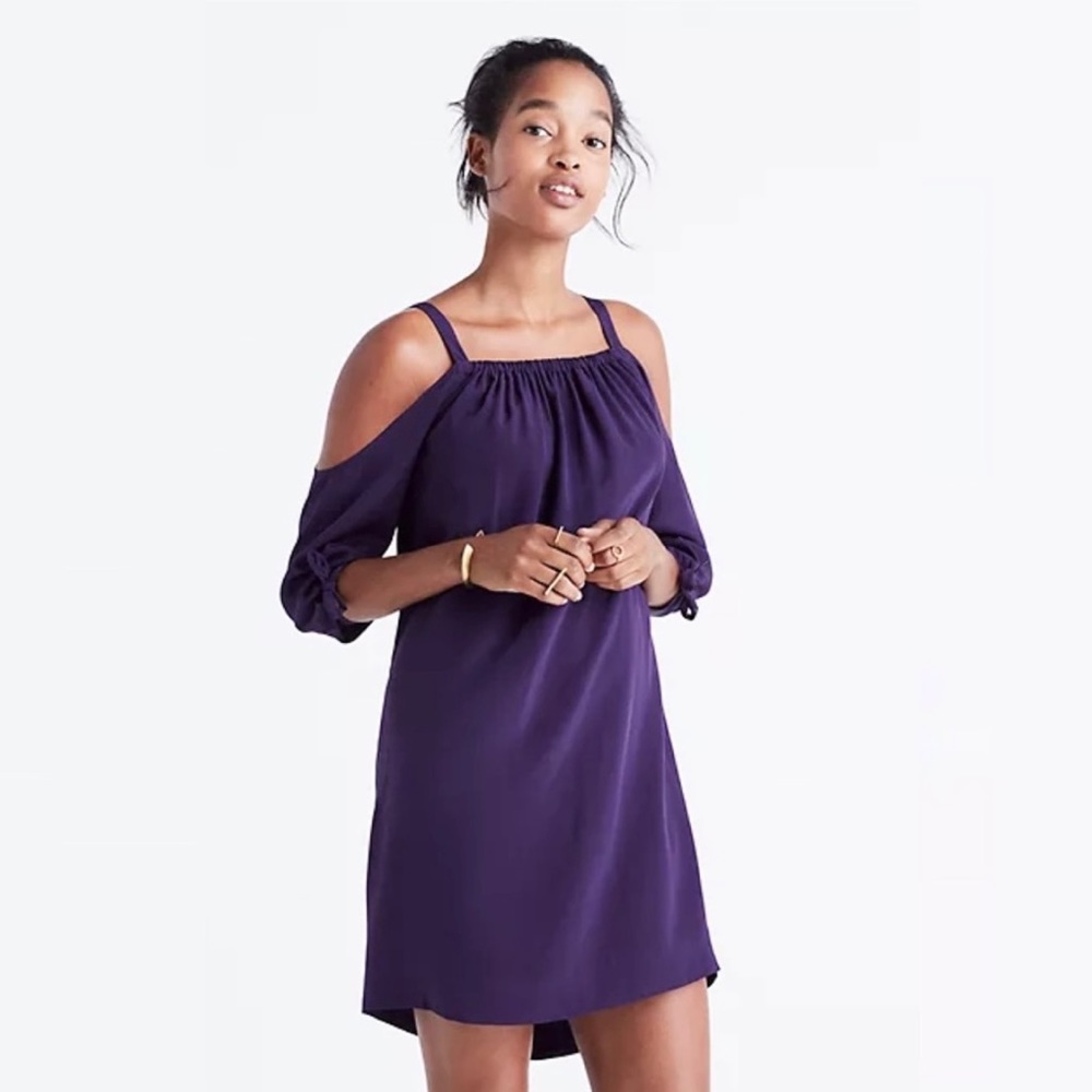 Madewell Silk Tie Sleeve Cold Shoulder Shift Dress Purple F9142 Size 6 - Picture 2 of 13